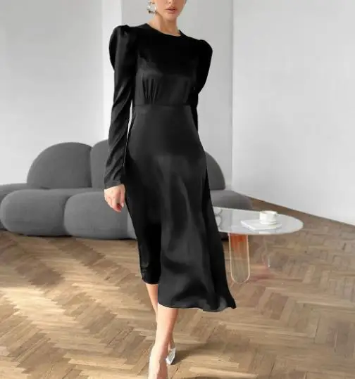 Outono preto elegante grosso fosco cor ding cetim em torno do pescoço manga bolha viajando vestido sexy para mulher