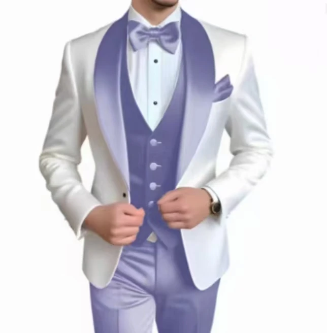 

Elegant Classic High-Quality Men Suit 3pcs Set with Satin Collar Jacket Vest And Trousers Business Wedding Banquet Customizable