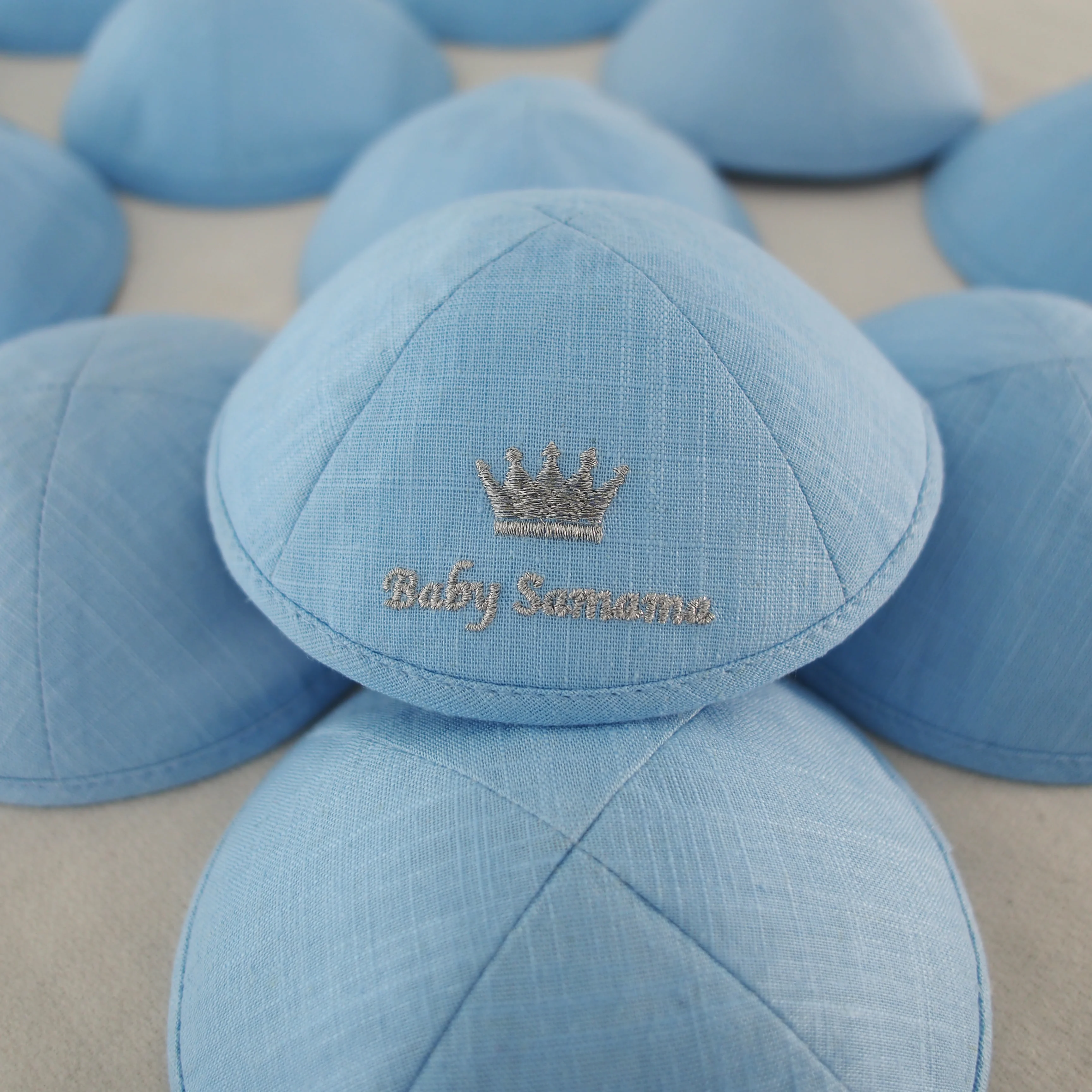 Sky blue custom metal thread embroidered linen kippah Jewish Ahava wedding or barbat mitzvah custom kippah Jewish gift Yarmulke