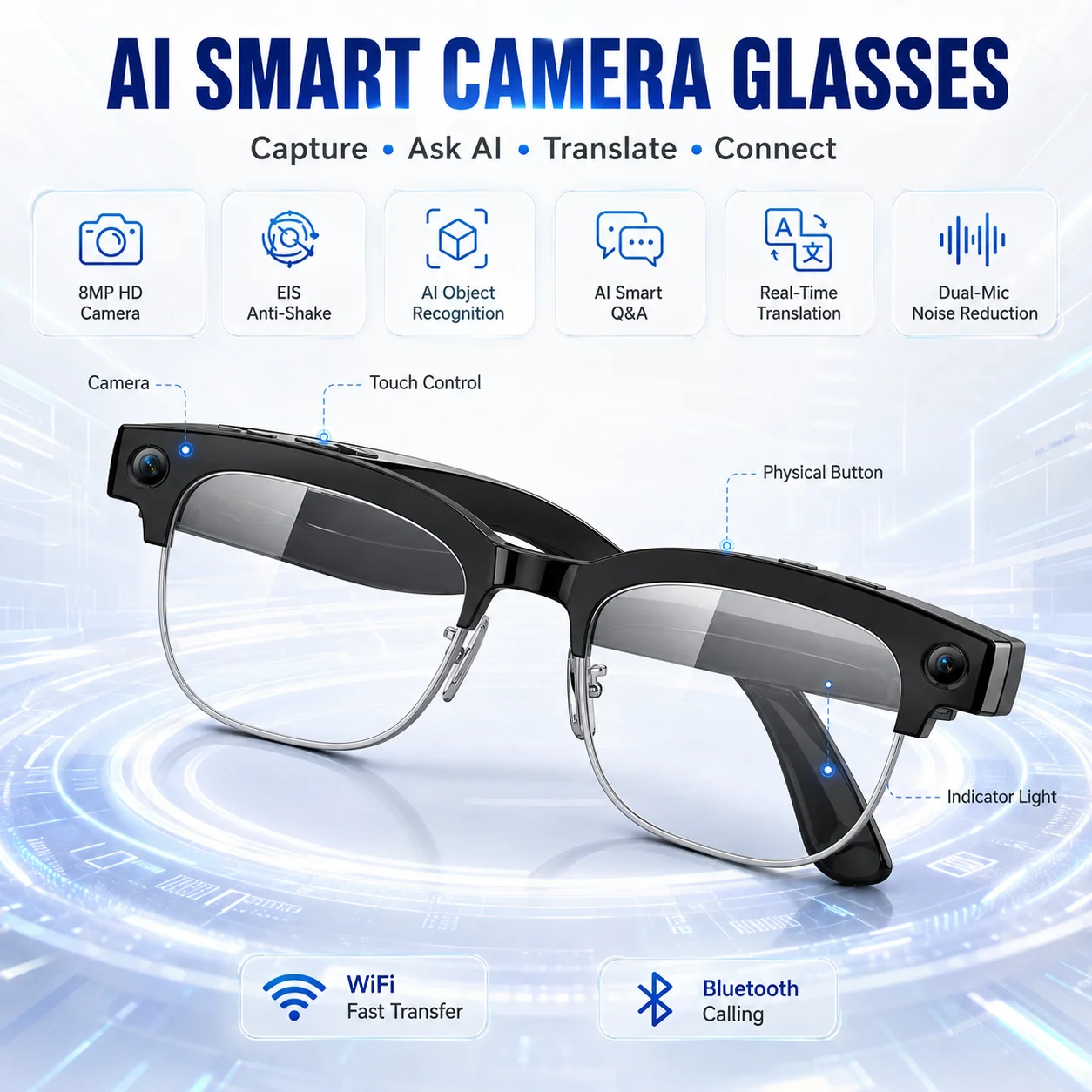 Blue Light Glasses - AI Smart Glasses Camera 2026 Bluetooth