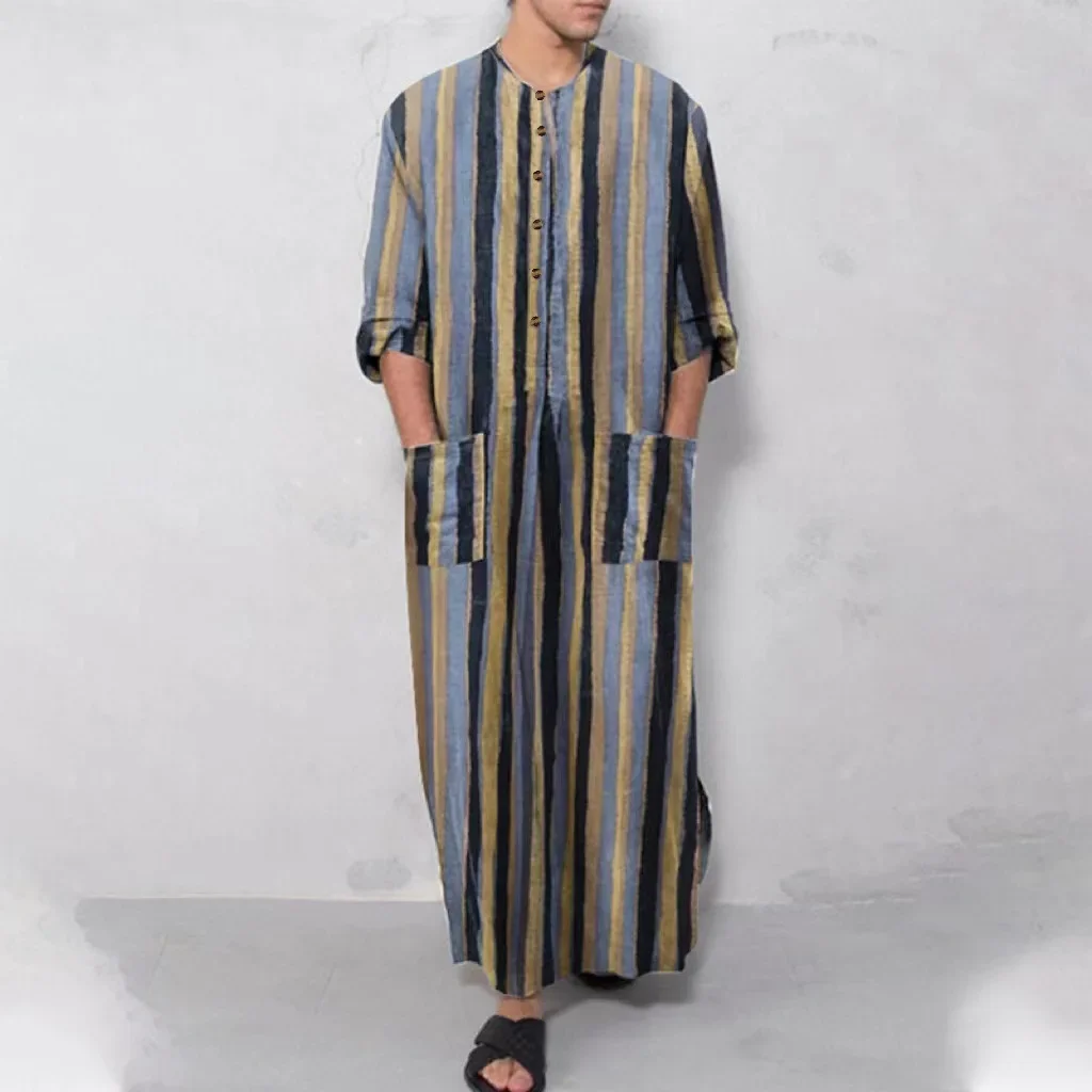 Camisa con estampado de rayas musulmanas Eid para hombre, bata suelta de manga larga, Oriente Medio, de Dubái caftán árabe saudita, ropa de Ramadán