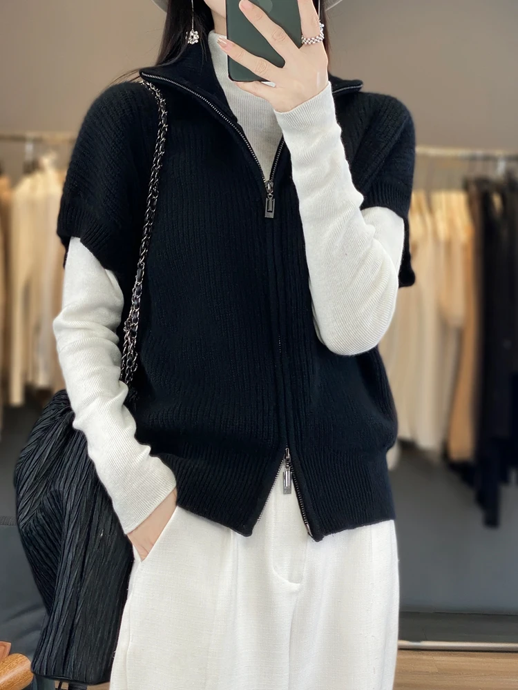 Qingdao Brand Ordos High Ne Camere Vest Autunno Inverno Colletto rovesciato Doppia cerniera Cardigan aperto Gilet da donna