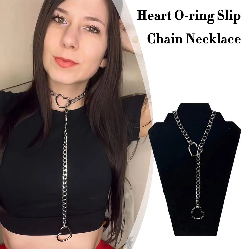 Womens Heart O Slip Chain Necklace Punk Rock Personality Adjustable Cuban Lariat Chain Long Clavicular Jewelry Y-necklace C9j1