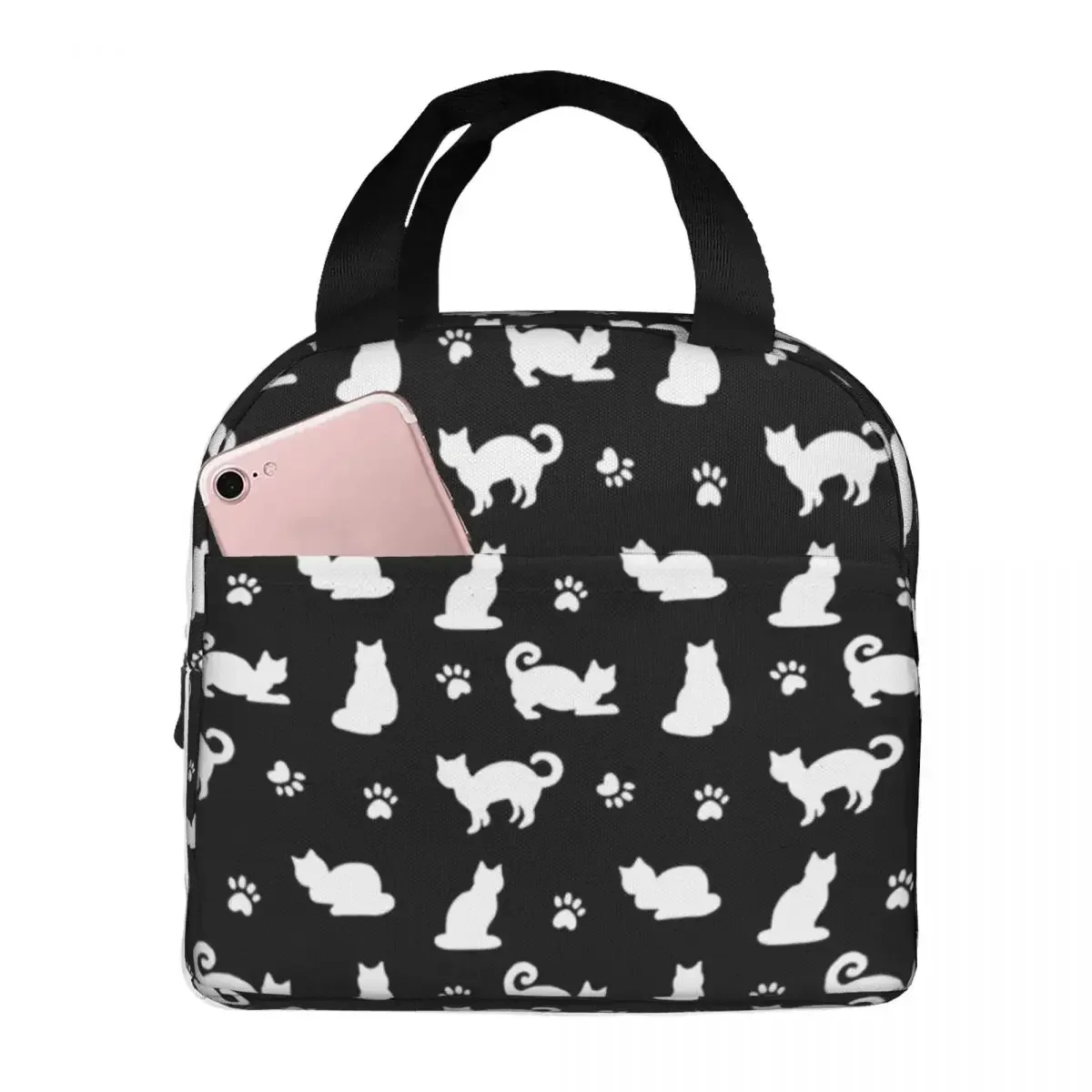 Black And White Cats And Paw Lunch Bag Portable Insulated Oxford Cooler Thermal Picnic Lunch Box for Women Kids