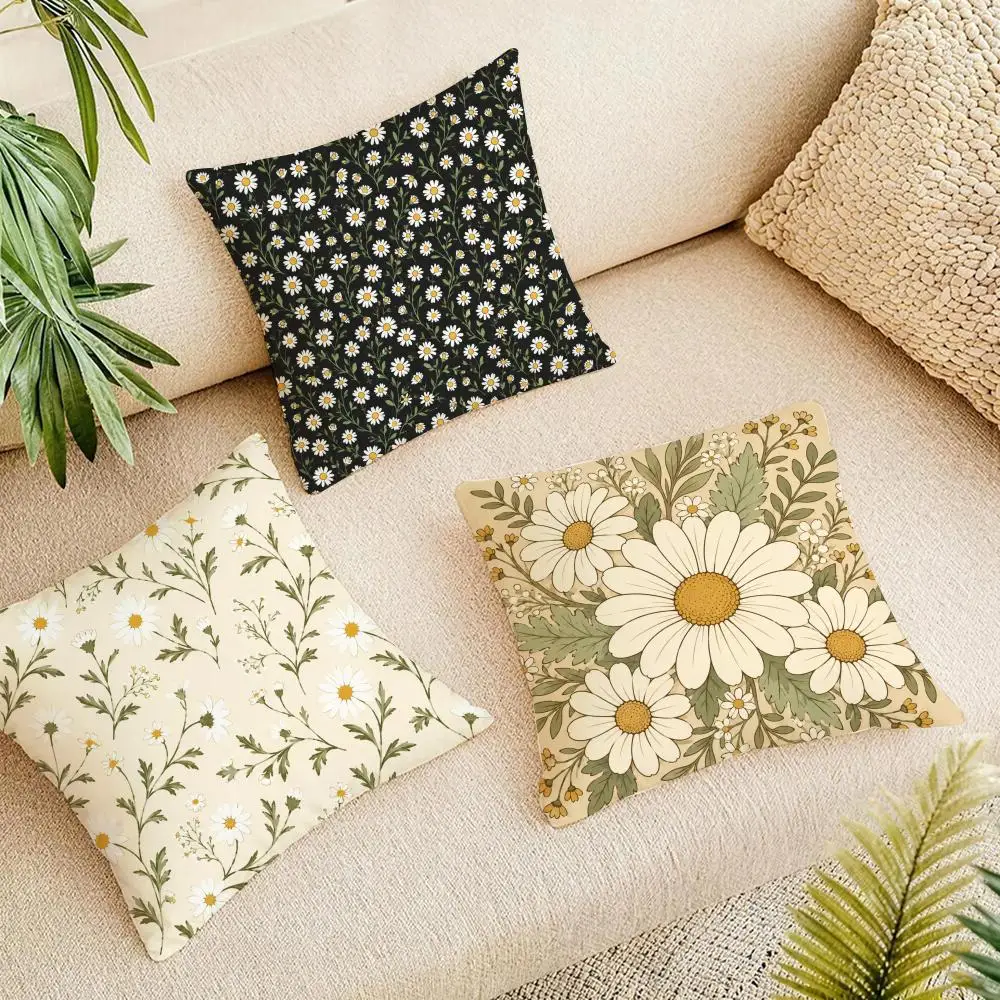 Boho Neutral Daisy Vine Cushion Cover Natural Linen Organic Fabric Double-Sided Printing Breathable For Home Decor