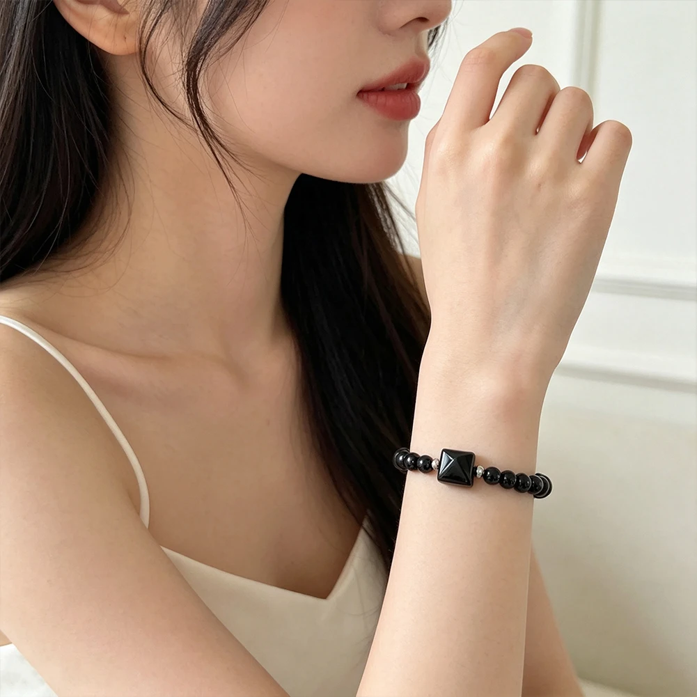 Black Agate Matte Glossy Beaded Bracelet  Pyramid Center Stone Elastic Stretch Geometric Healing Jewelry Unisex Birthday Gift