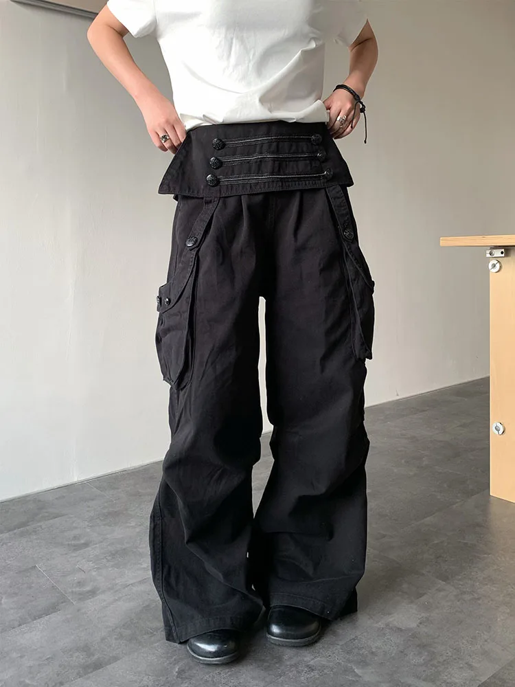 ReddaChic Napoleon Baggy Black Pants Women Retro Buttons High Rise Fold Over Big Pocket Cleanfit Cargo Pants Punk Streetwear