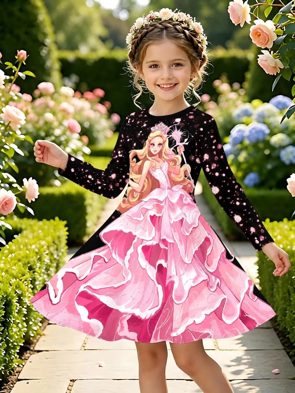 Girls Long Sleeve Dress Ice Princess Butterfly Print T-Shirt Dress Birthday Party Cosplay Costume Children Fairy Casual Dresses