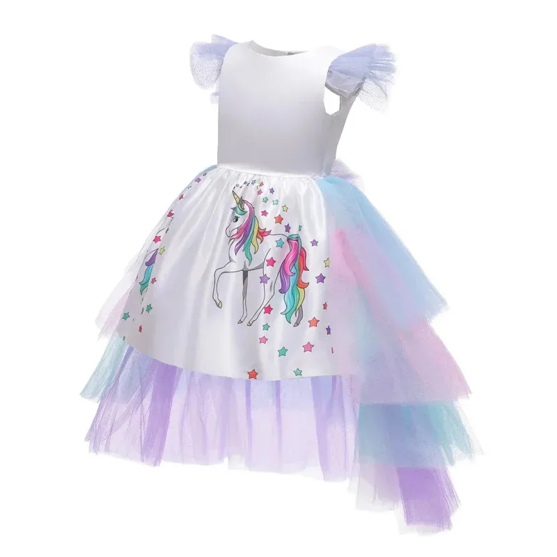 A Christmas Girls Unicorn Dress Costume with Long Tail Wings Wig Hairband Baby Princess Birthday Party Halloween Kid Horse Cloth