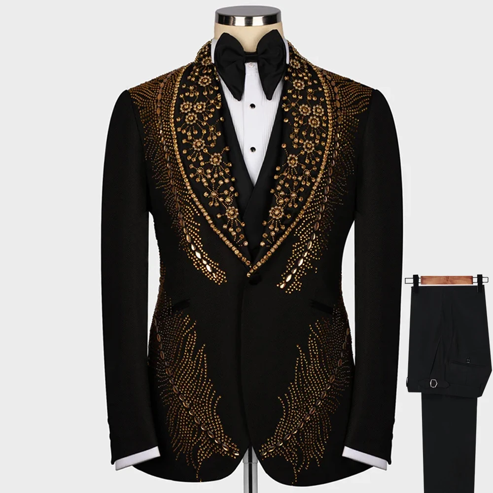 

Black Wedding Suits For Men Luxury Handmade Golden Beading Jacket Vest Pants 3 Pieces Groom Tuxedos Tailor-Made Male Clothing