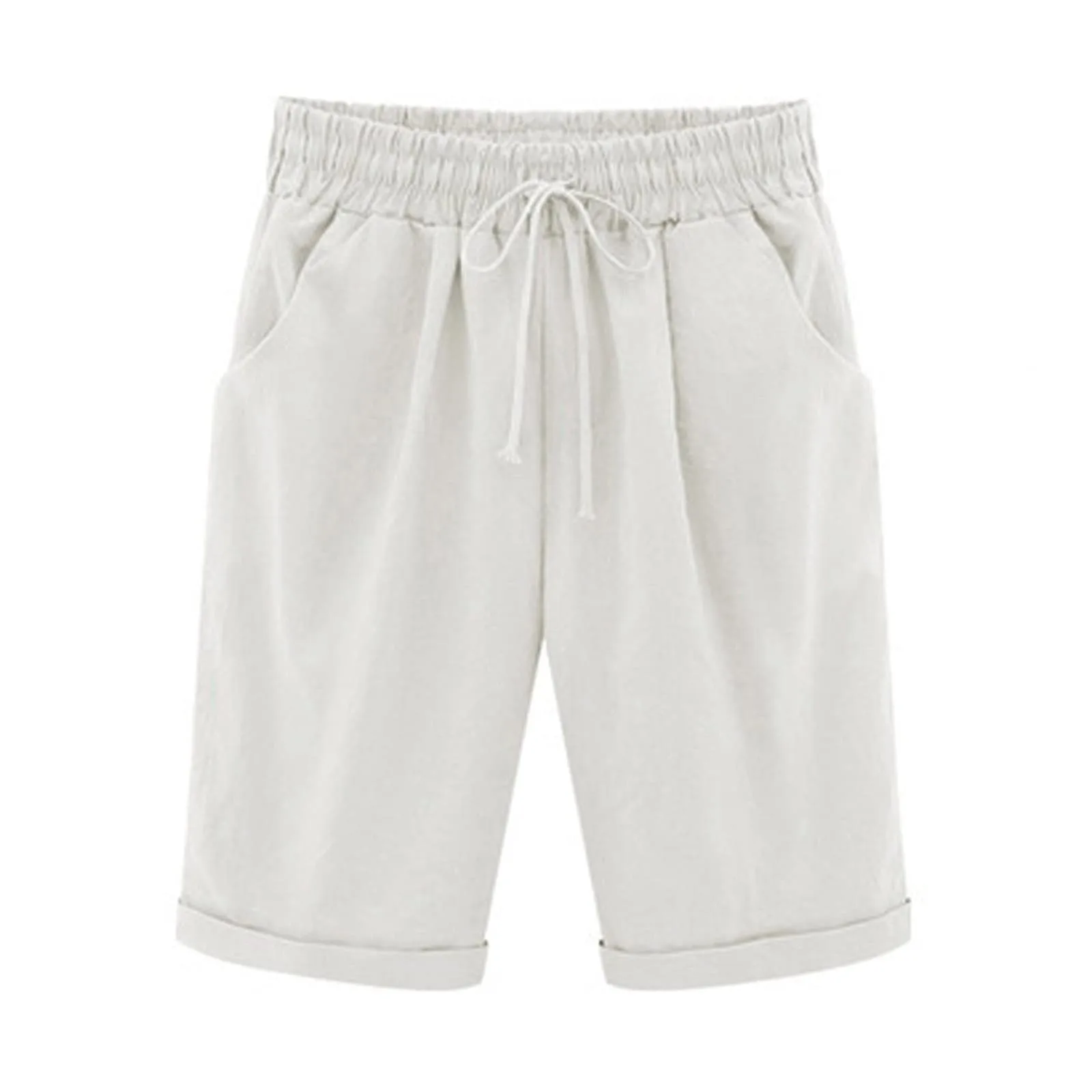 Shorts femininos de algodão e linho, moletom casual de pernas largas, moda praia, bolso, monocromático, quinta calça, verão