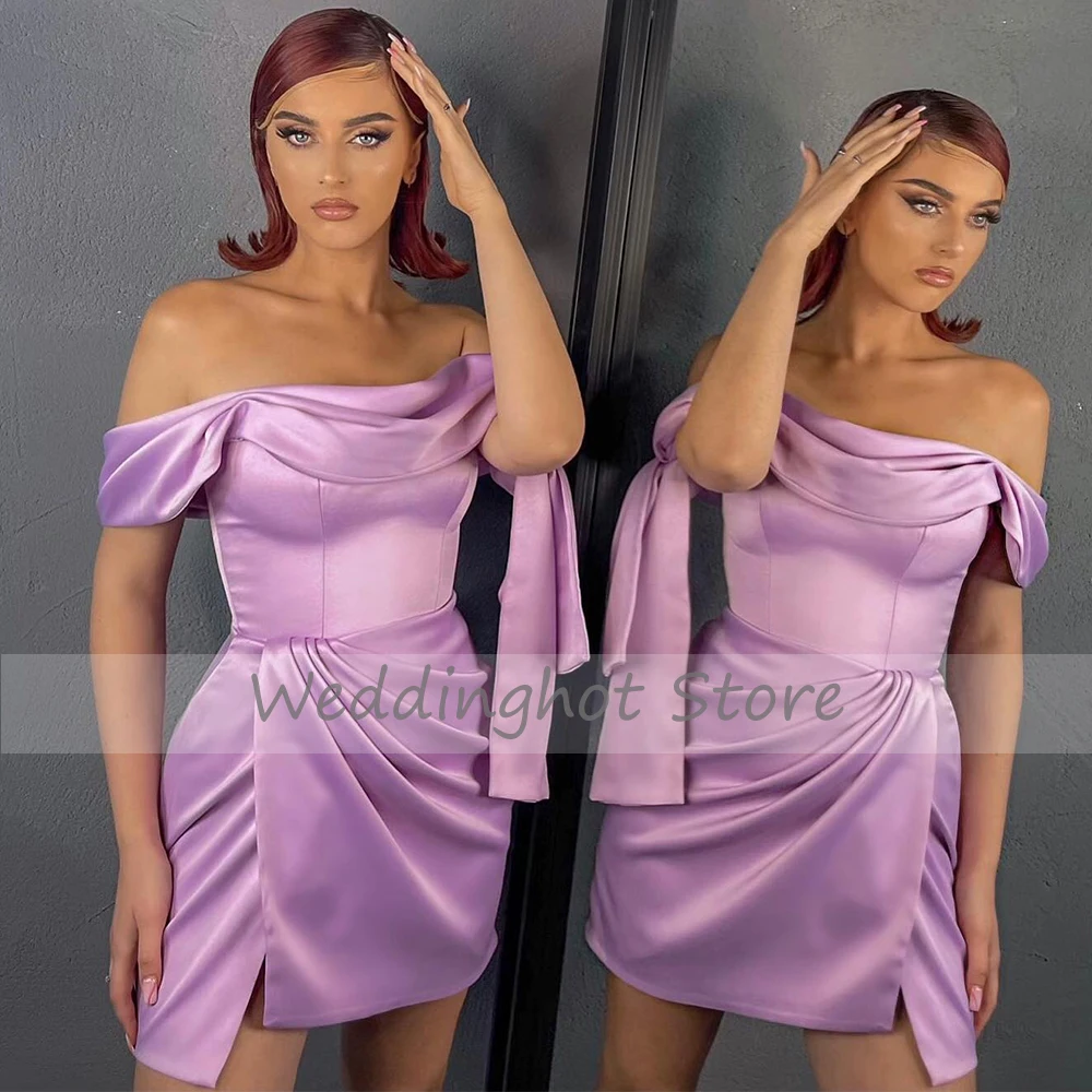 Lilac Cocktail Dresses for Women 2024 Off the Shoulder Column Sexy  Gowns Short Side Slit Satin Evening Party Dress Mini