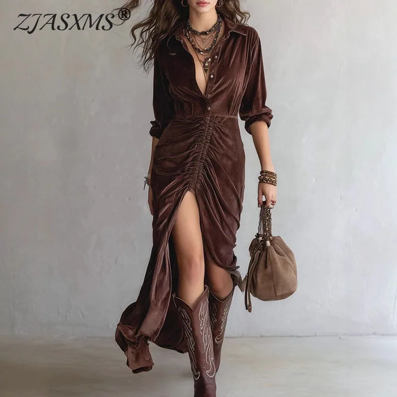 Abiti da festa in velluto morbido solido autunno inverno Abito da donna sexy con colletto a camicia e bottoni Abito lungo con spacco sottile a maniche lunghe retrò