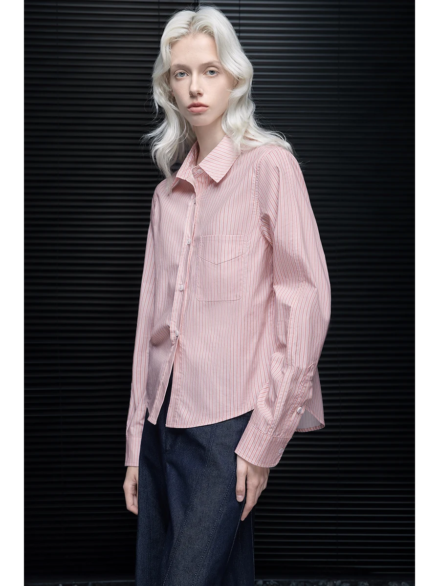 

Pink Striped Long Sve Women's irt Turn-down Collar Premium Feel Early Autumn New Sle Street Sle Loose Fit Polyester