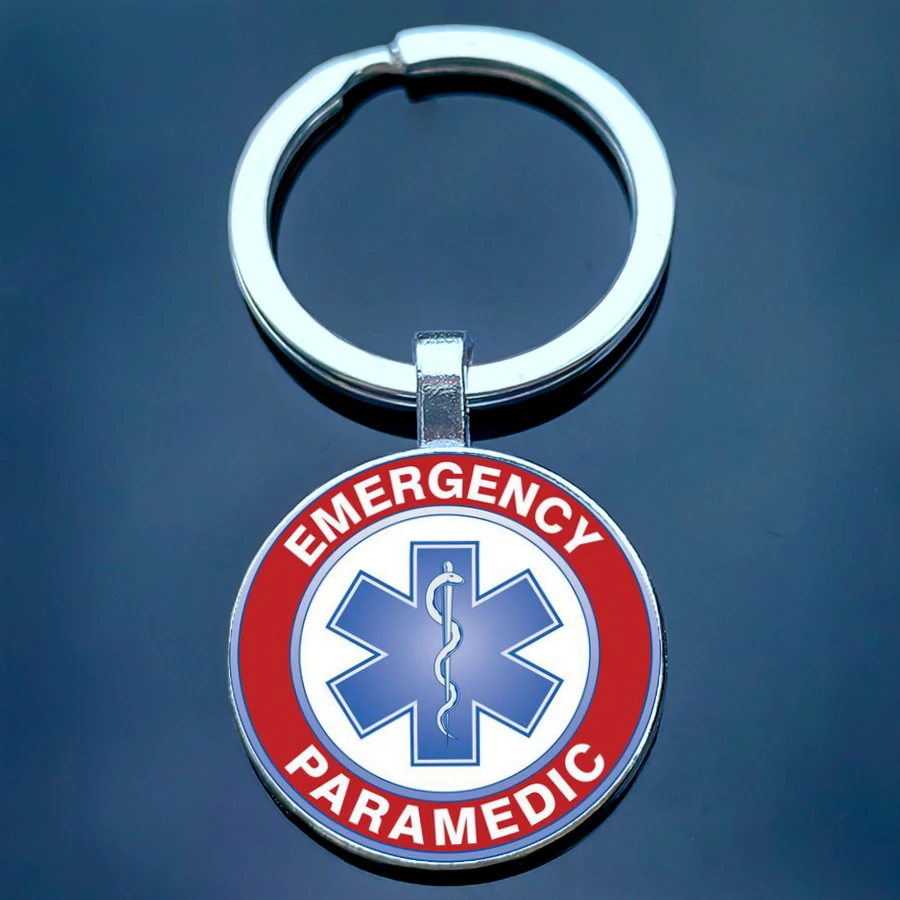 Emergency medical technicians keychain male and female medical alarm glass circular keyring doctor and nurse gift jewelry