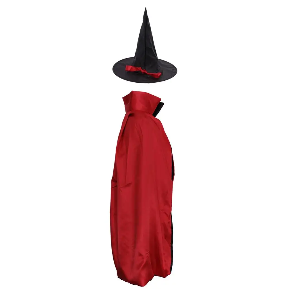

Adults Kids Satin Wizard Witch Cloak Cape Hat Halloween Costume 70 cm Red