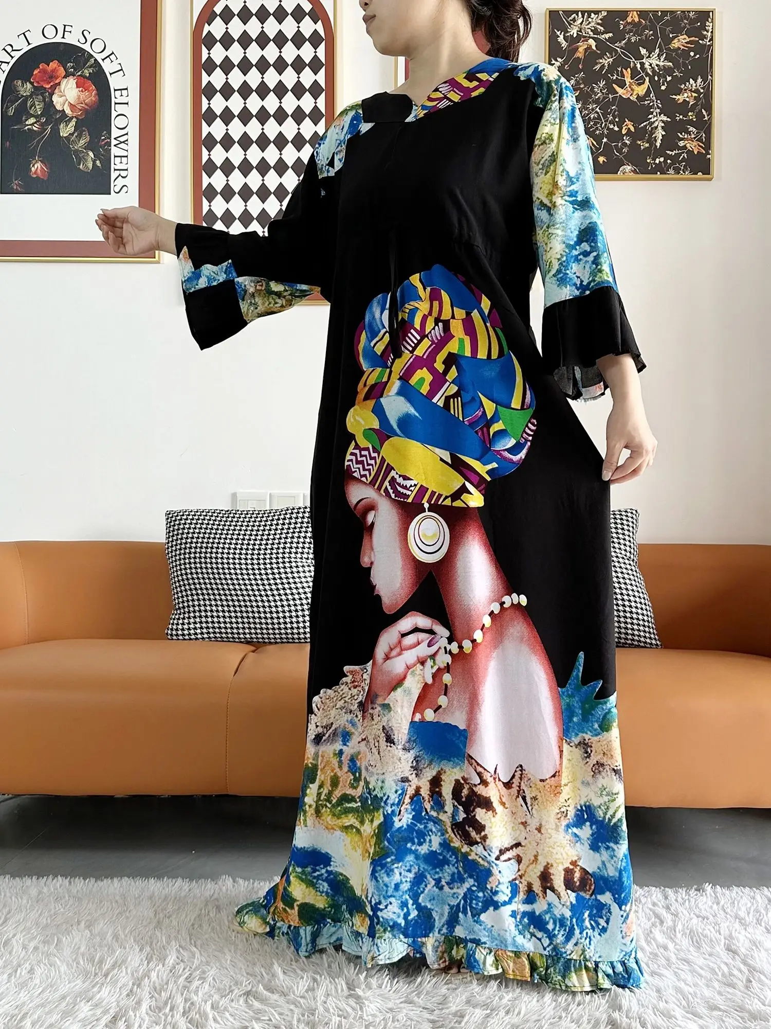 New African Women Long Sleeve Ethnic Print Dashiki Cotton Floral Dress Printing Loose Caftan Dress with Scarf Casual Vestido