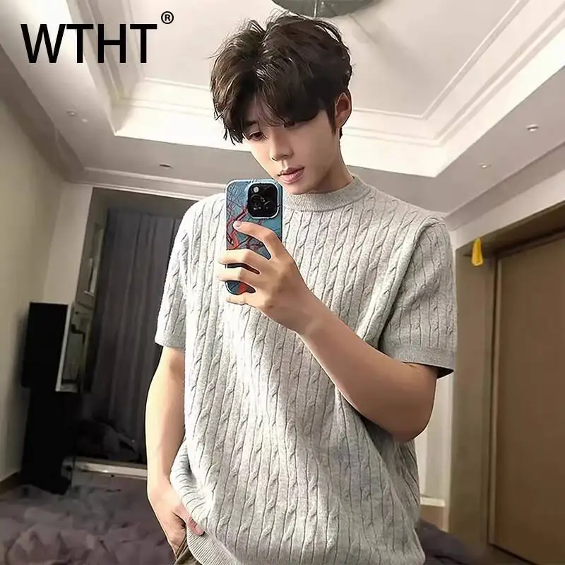WTHT Vintage Men's Do Old Knit Texture Solid Color T-shirts Fashion 2026 Summer Short Sleeves O-neck Tops Male 2A2899