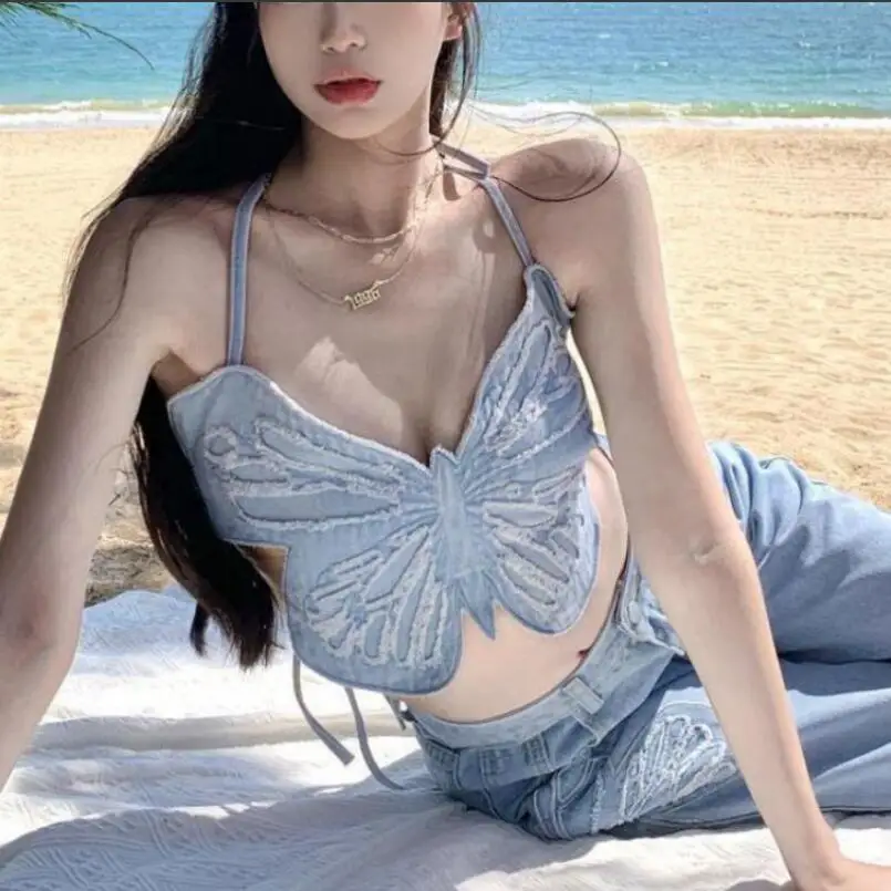 Butterfly Jeans Crop Top Backless Strap Camis Sexy Blue Cute Party Sweats Women Beach Holiday Mini Vest Summer Tee p699