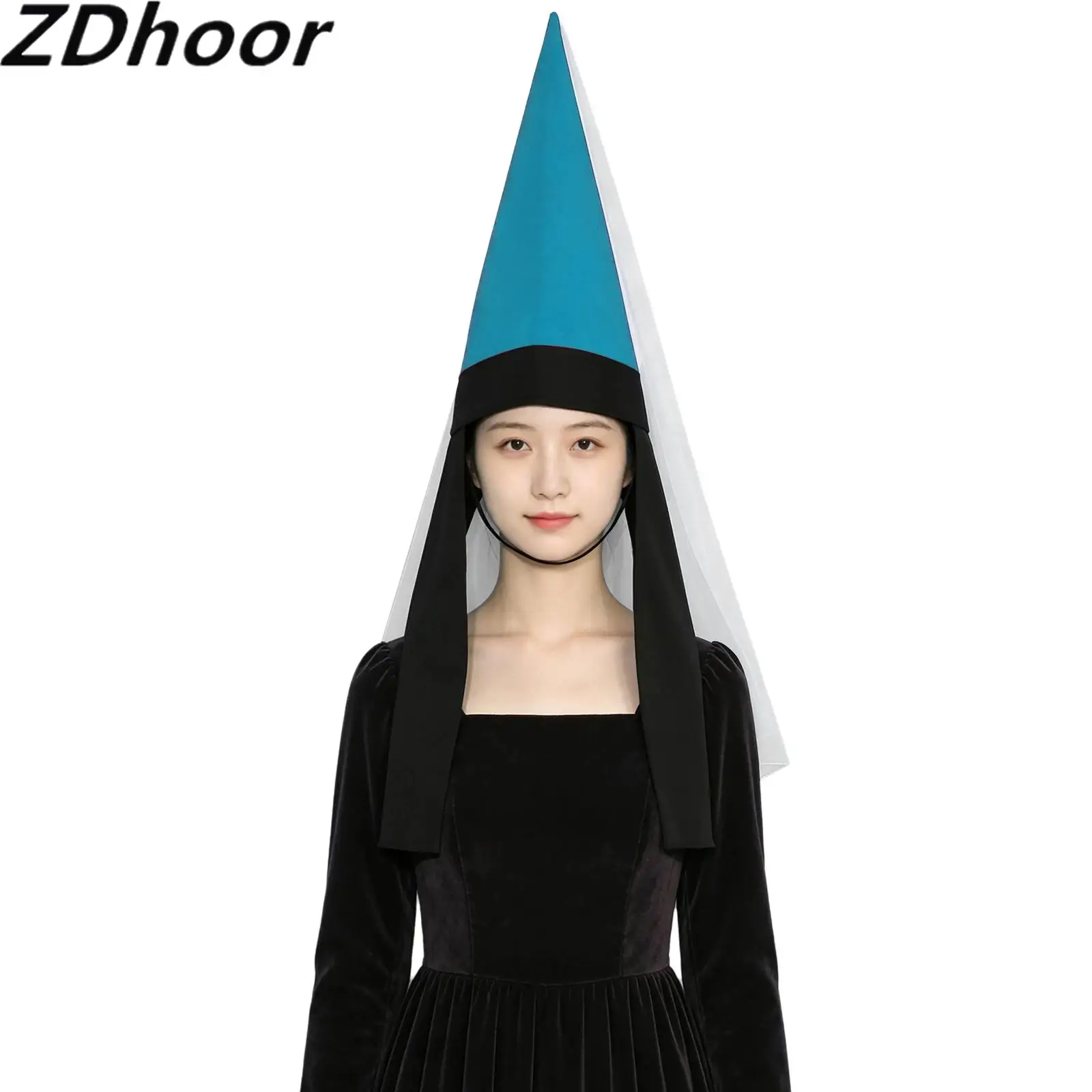 Women Medieval Renaissance Hennin Hat with Flowing Veil And Adjustable Elastic Straps for Halloween Cosplay Festival Events