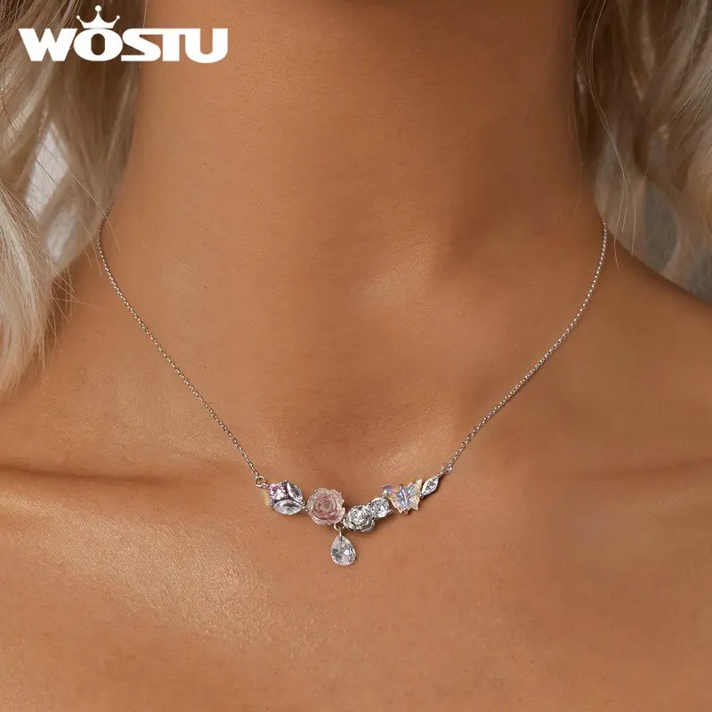 WOSTU Original 925 Sterling Silver Magical Butterfly Flower Necklace For Women Party Dating Gift S925 Luxury Jewelry FIN521