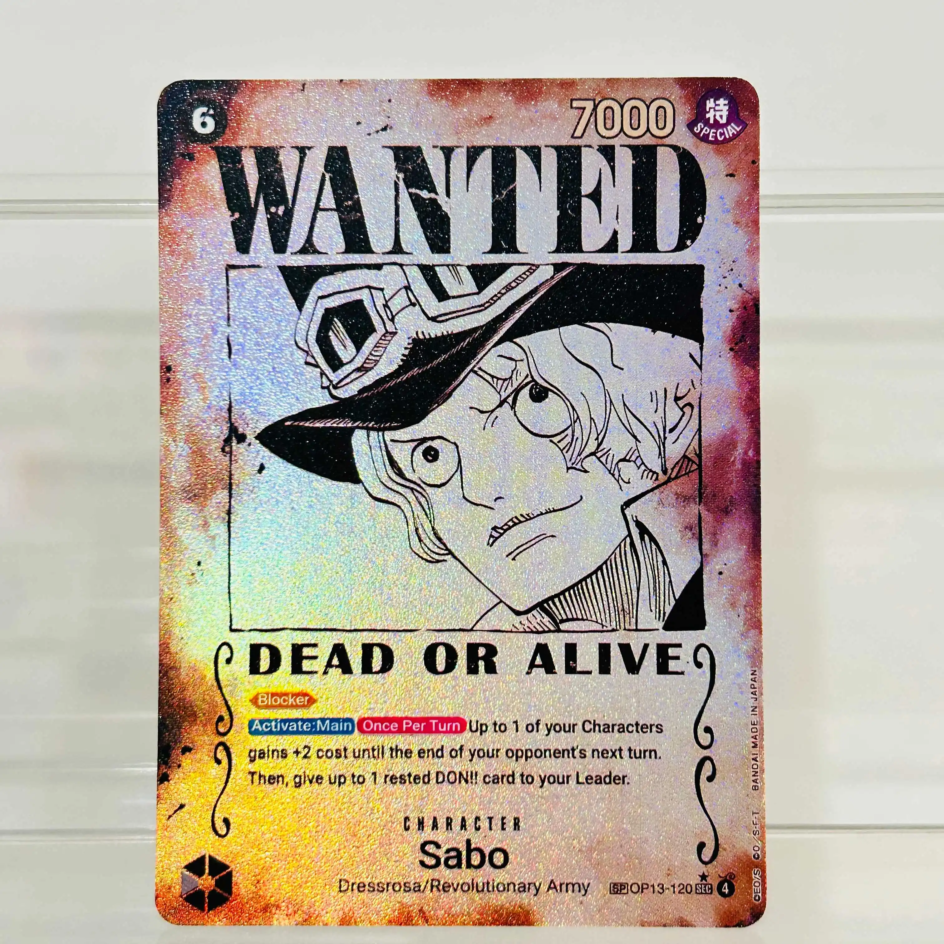 Tarjeta Coleccionable One Piece Sabo OP13-120 SP, Diseño de Carta de Buscar, Textura Holográfica, Calidad Premium, Colección Anime
