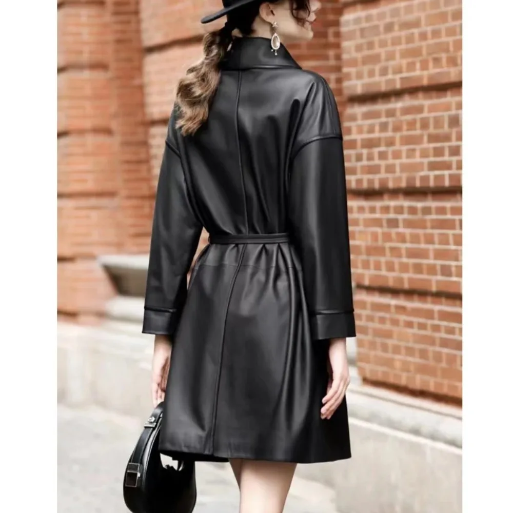 2025 Autumn V-neck Genuine Leather Mid Length Trench Women Fashion Lace-up Belt Ladies Black Sheepskin Trench Coats