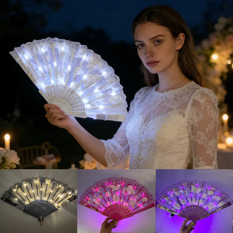 LED Luminous Foldable Fan Glow Dancing Hand Fan Lace Folding Plastic Fan for Women Girl Party Elegant Decoration Supplies