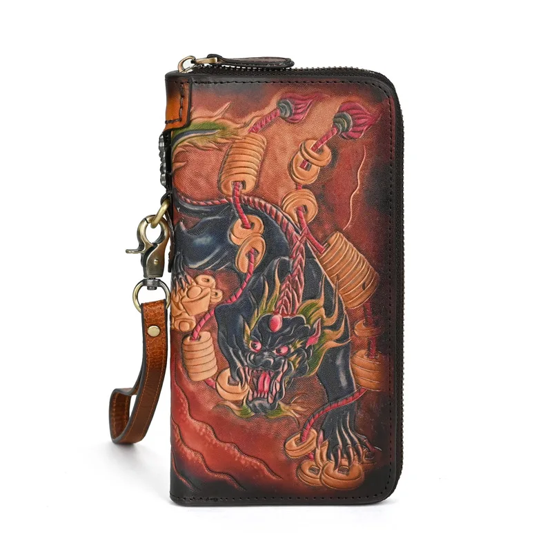 Genuine leather men's leather carving craftsmanship, retro long wallet, large capacity, multi-functional clutch, long wallet