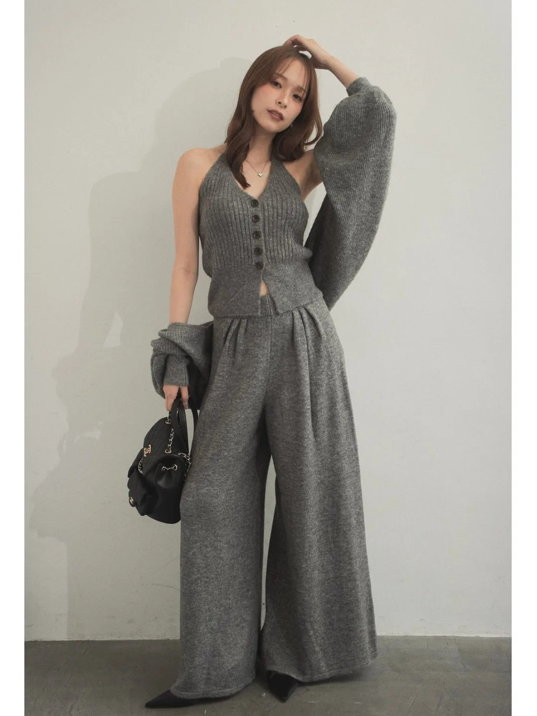 Elegant V-Neck Knitted Three-Piece Set for Women Long Sleeve Wide Leg Pants Vest Strap Neck Hanging Shoulder Shawl Autumn Winter