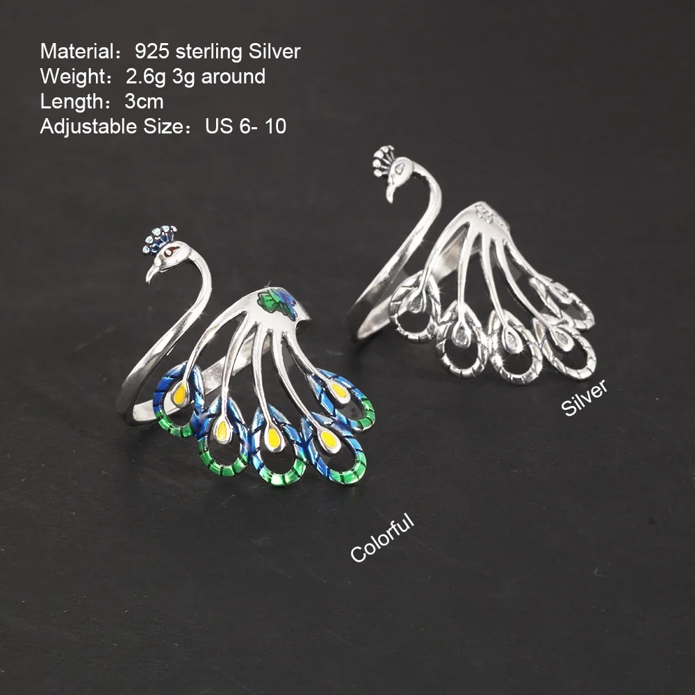 Colorful Enameling Peacock Ring Women\'s Real 925 Sterling Silver Jewelry Animal Bird Adjustable Opening Type Exaggerated