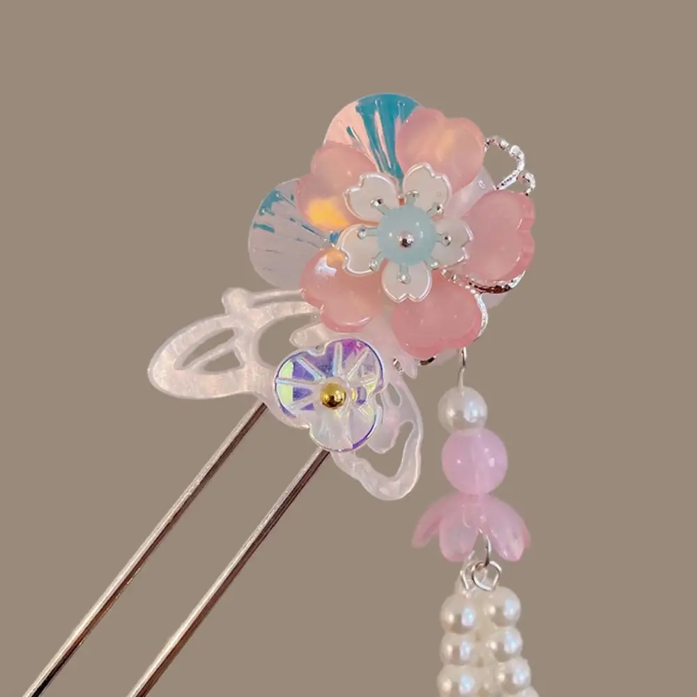 

Elegant Chinese Style Flower Hair Stick Vintage Handmade Butterfly Hairpin Hair Clips with Tassel Hanfu Hair Bun for Hanfu Party