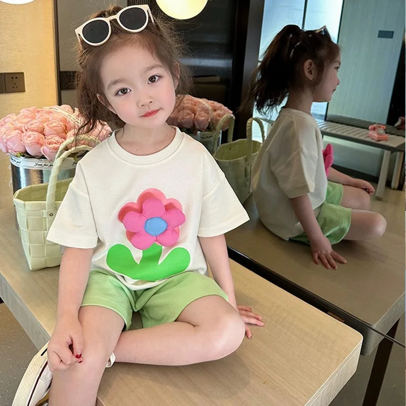 Girls 3D Flower Set Summer Green Fashion Children Suit 2-8 Years Old Casual Shorts Short Sleeved Sports Two-piece Set