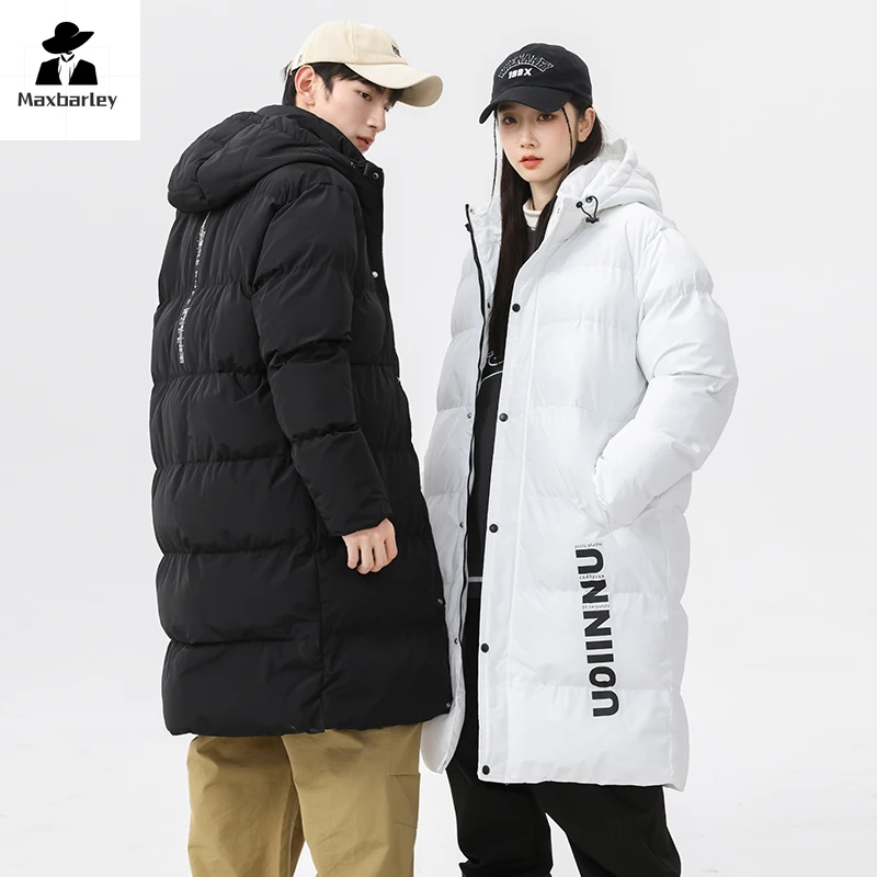 Casual Winter Jacket Men's Long Preppy Letter Print Thick Warm Down Cotton Padded Coat Women Luxury Ski Cold-proof Hooded Parka