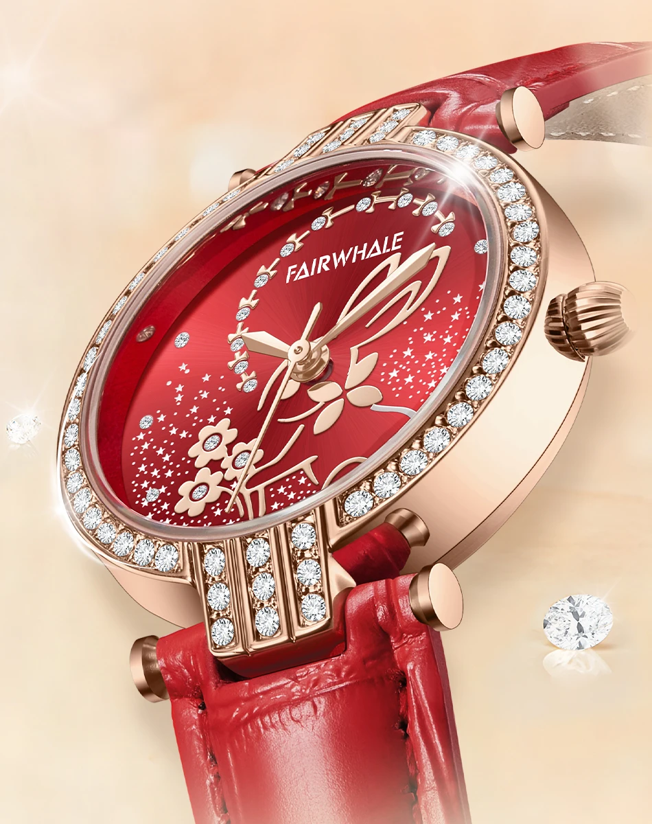 Luxury Women's Fashion Rabbit Watch Red Leather Strap Diamond Quartz Wristwatch Elegant Lady's fashion luxury dress watch woman