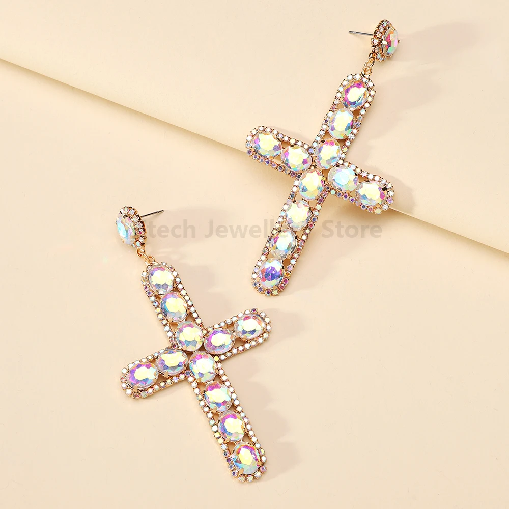 Fashion Shiny Crystal Decor Cross Dangle Drop Earrings For Women Luxury Vintage Design Classic Versatile Jewelry Accessories