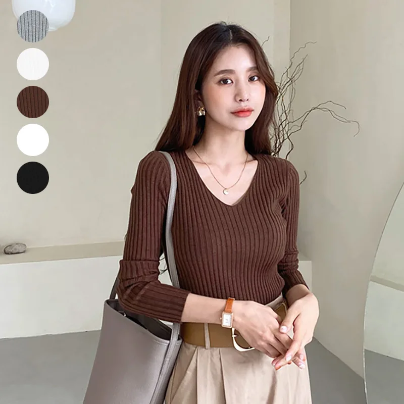 

Japanese and Korean New Products Autumn and Winter New Solid Color Bottoming Shirt Women's Sweater 5 Colors V-neck Long Sleeve