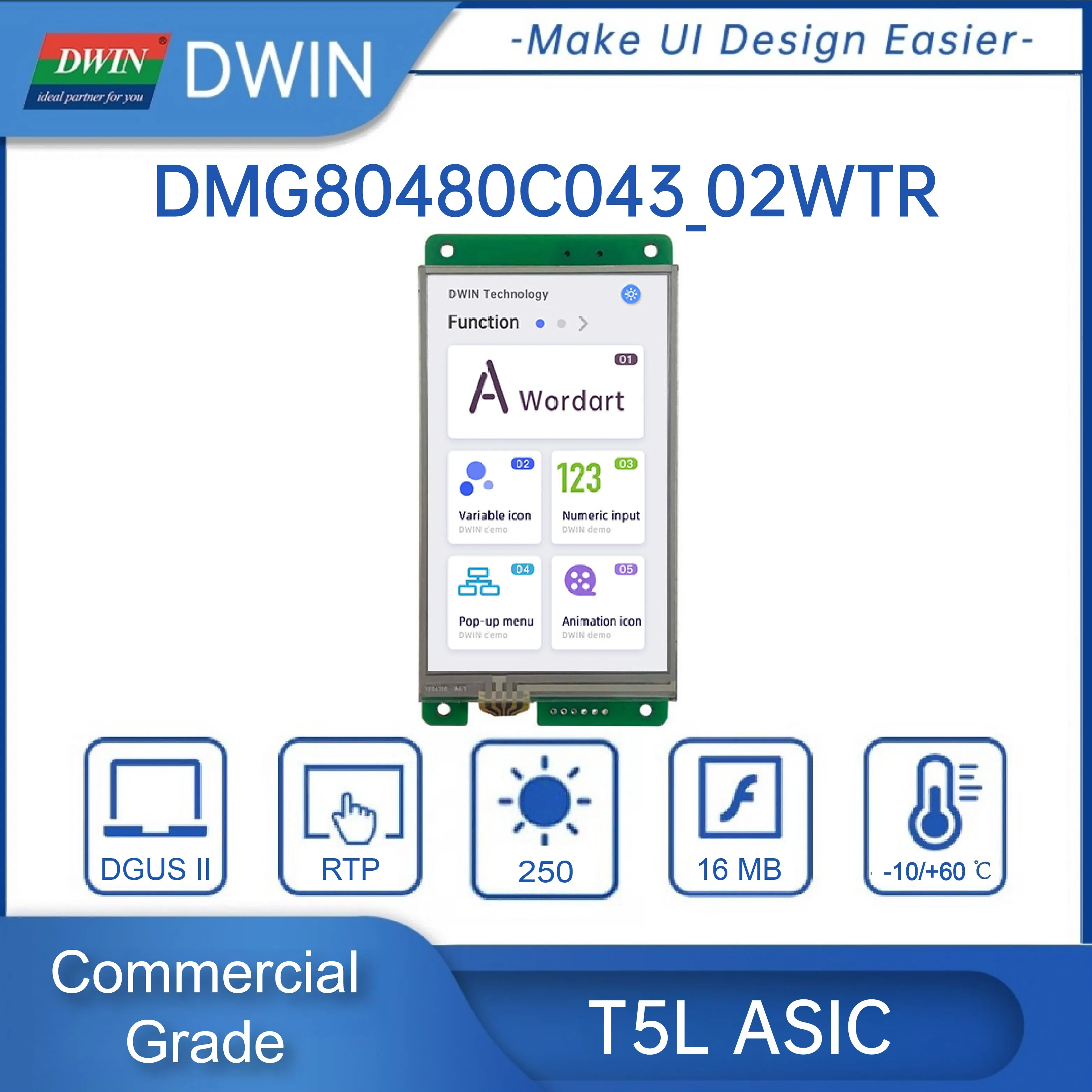 DWIN 4.3 Inch 480*800 TFT LCD HMI Display Module TTL UART IPS Capacitive/Resistive Touch Screen For Arduino DMG80480C043_02W