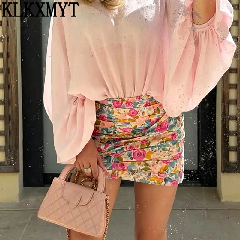 KLKXMYT Women Elegant Floral Print Mini Skirts 2026 Summer Fashion Ruched Holiday Chic Hip Wrap Skirt Female Beach Party Skirt ﻿