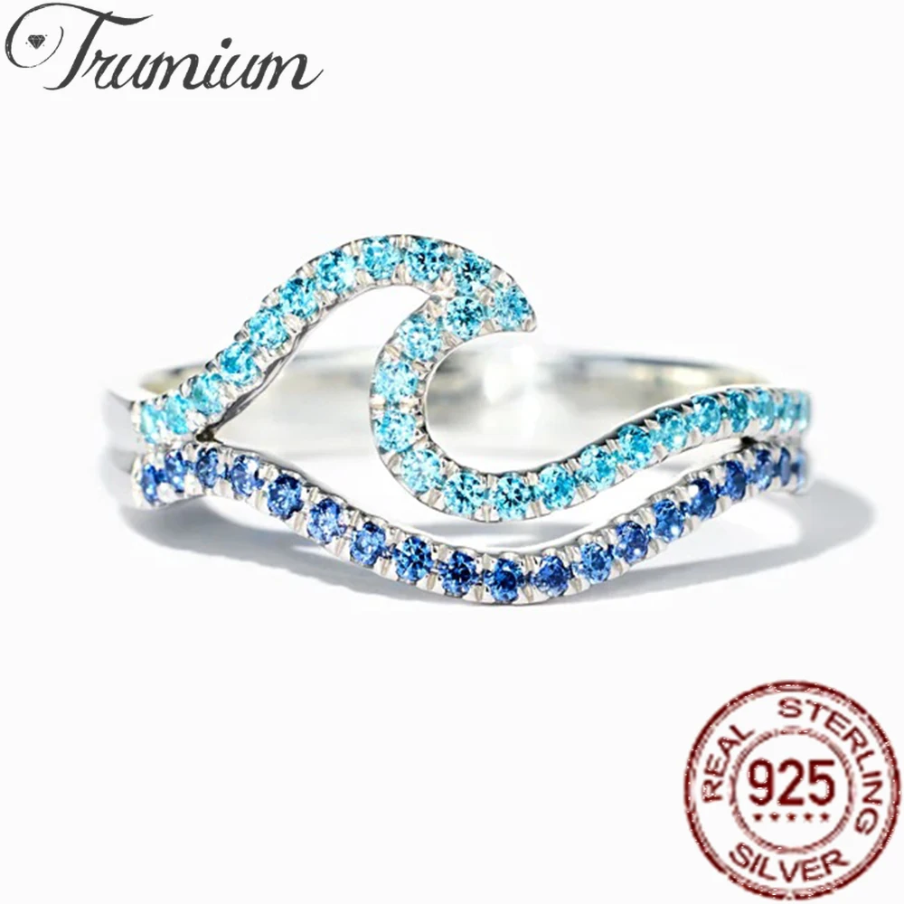 Trumium New S925 Sterling Silver Double Layer Wave Gradient Blue Rings for Women Sea Design Fine Jewelry