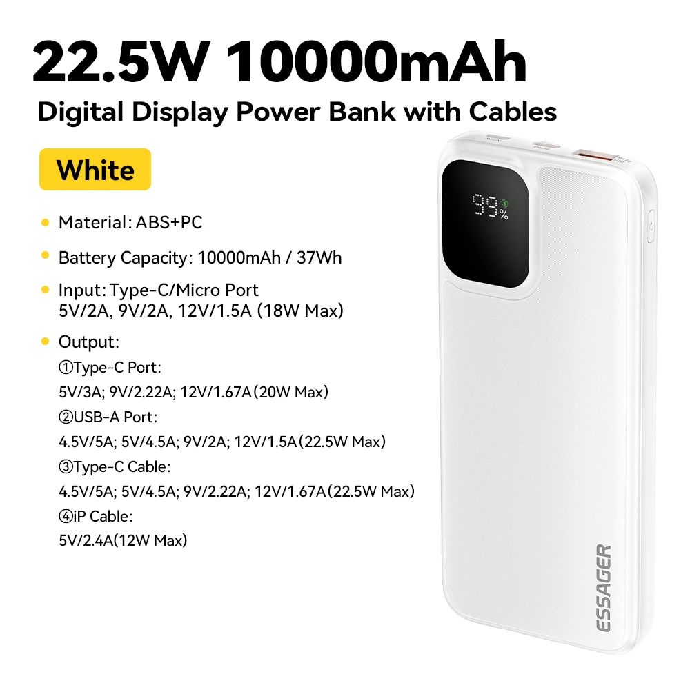 Essager draagbare powerbank 20000 mAh met twee ingebouwde kabels Externe batterij PD 22,5 W snel opladen voor iPhone 17 16 15 Xiaomi