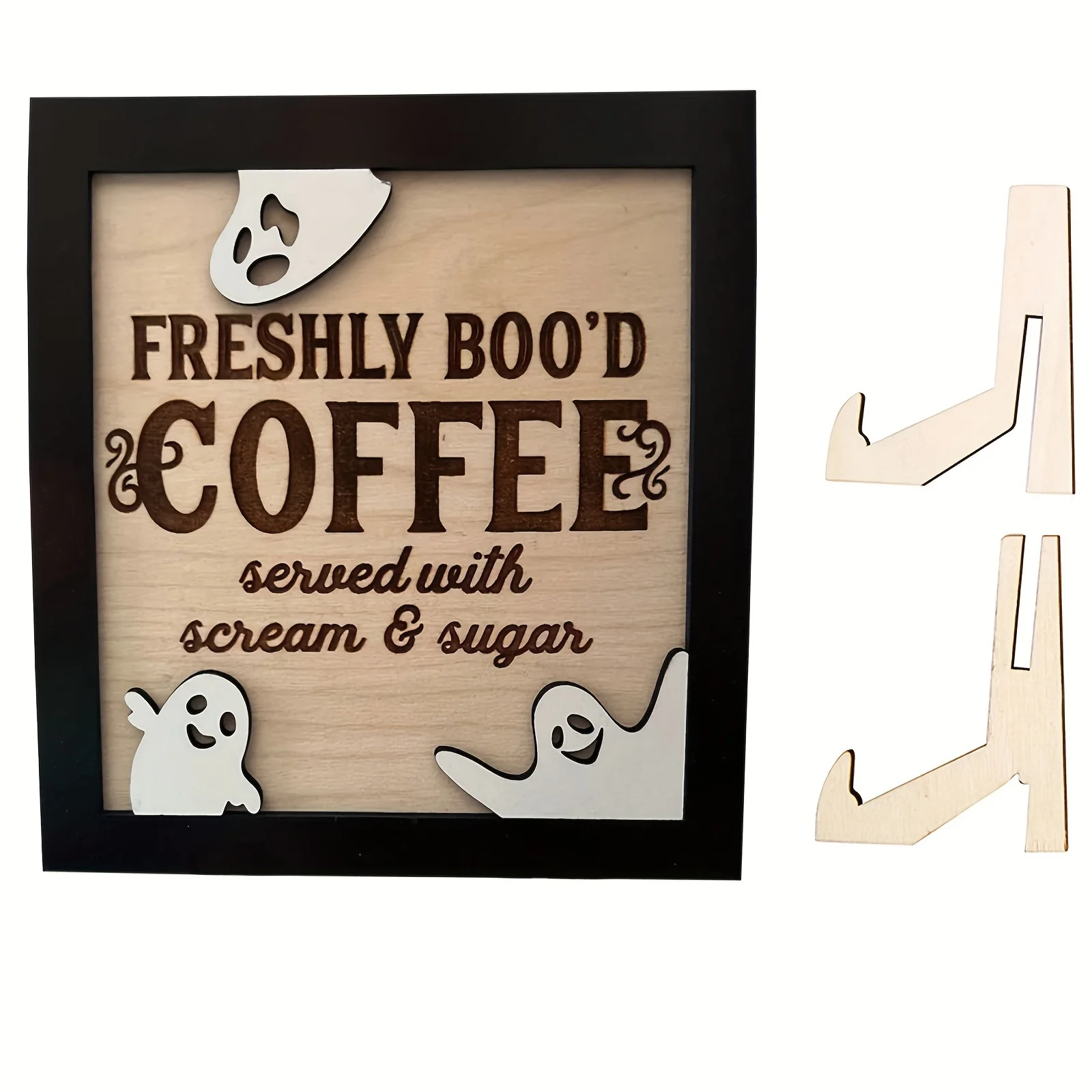 1 Piece 3D Double Wooden Coffee Sign, Fun Halloween Theme 