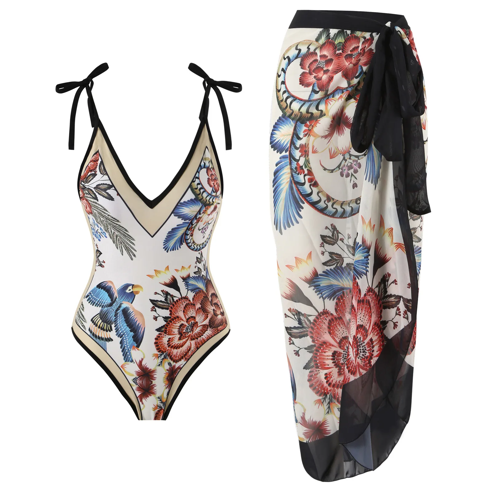 2024 Deep-V Vintage Print Summer Fashion Strap Design Women One Piece Swimsuit And Cover up wiming Suit Beach Wear Bathing Suits