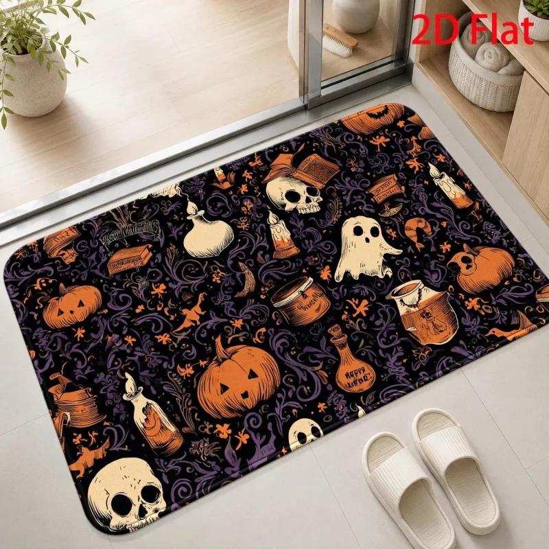 Halloween Pumpkin Witch Hat Printed Entryway Doormat, Spooky Bat Pattern Floor Rug, Holiday‑themed Home Decor Mat