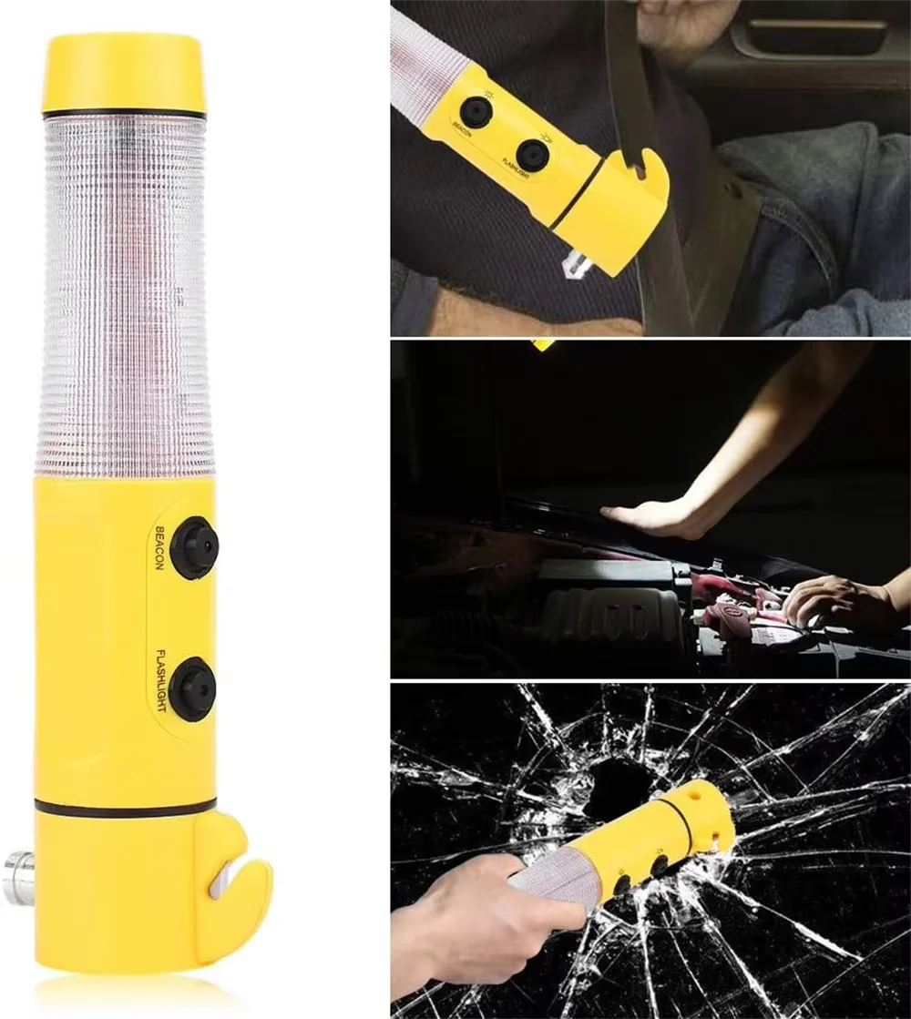 4-in-1 Multifunctional Emergency Safety Hammer Car Escape Tool with Seat Belt Cutter LED Torch Warning Flashlight