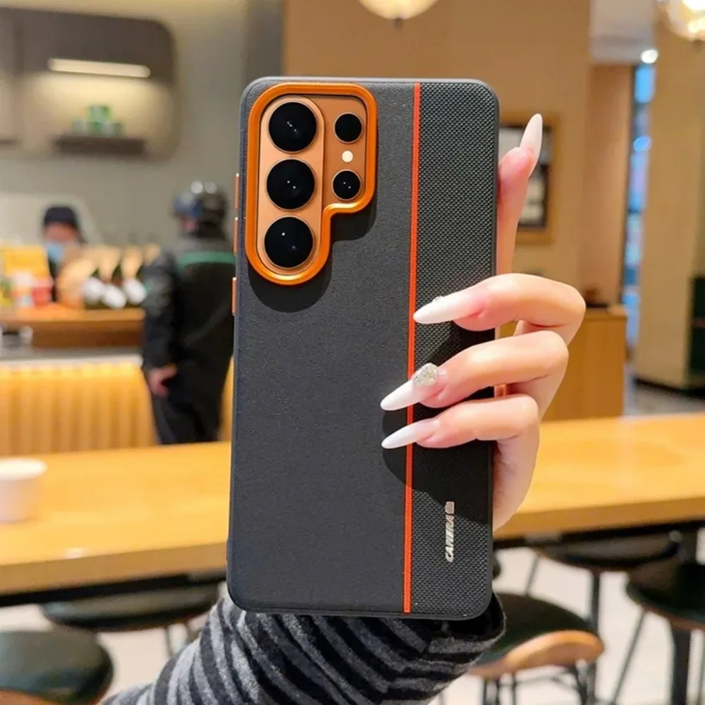 Two-tone Color Faux Leather Raised Lens Ring Phone Case For 