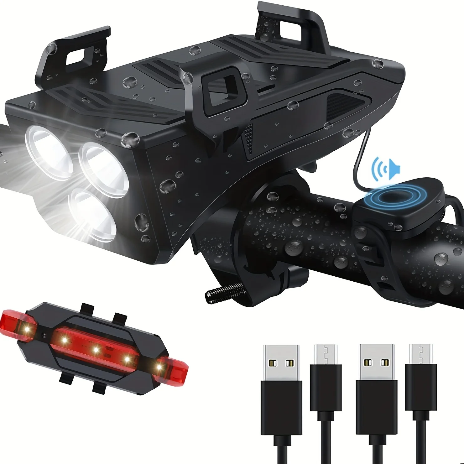 

Велосипедный фонарь, 3 светодиода, USB-перезаряжаемый, передний и задний светодиодные фонари для велосипеда, с функцией Power Bank, звуковым сигналом и держателем для телефона, подходит для всех типов велосипедов, для использования на дорогах и в горах.