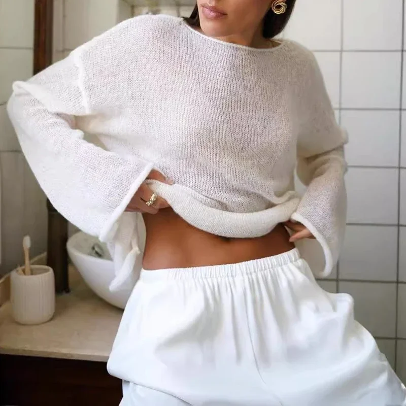 

Hollow Knitted Shirt 2025 Spring/Summer New Women's Perspective Thin Edition Roundneck Trumpet Sleeve Knitted T-shirt