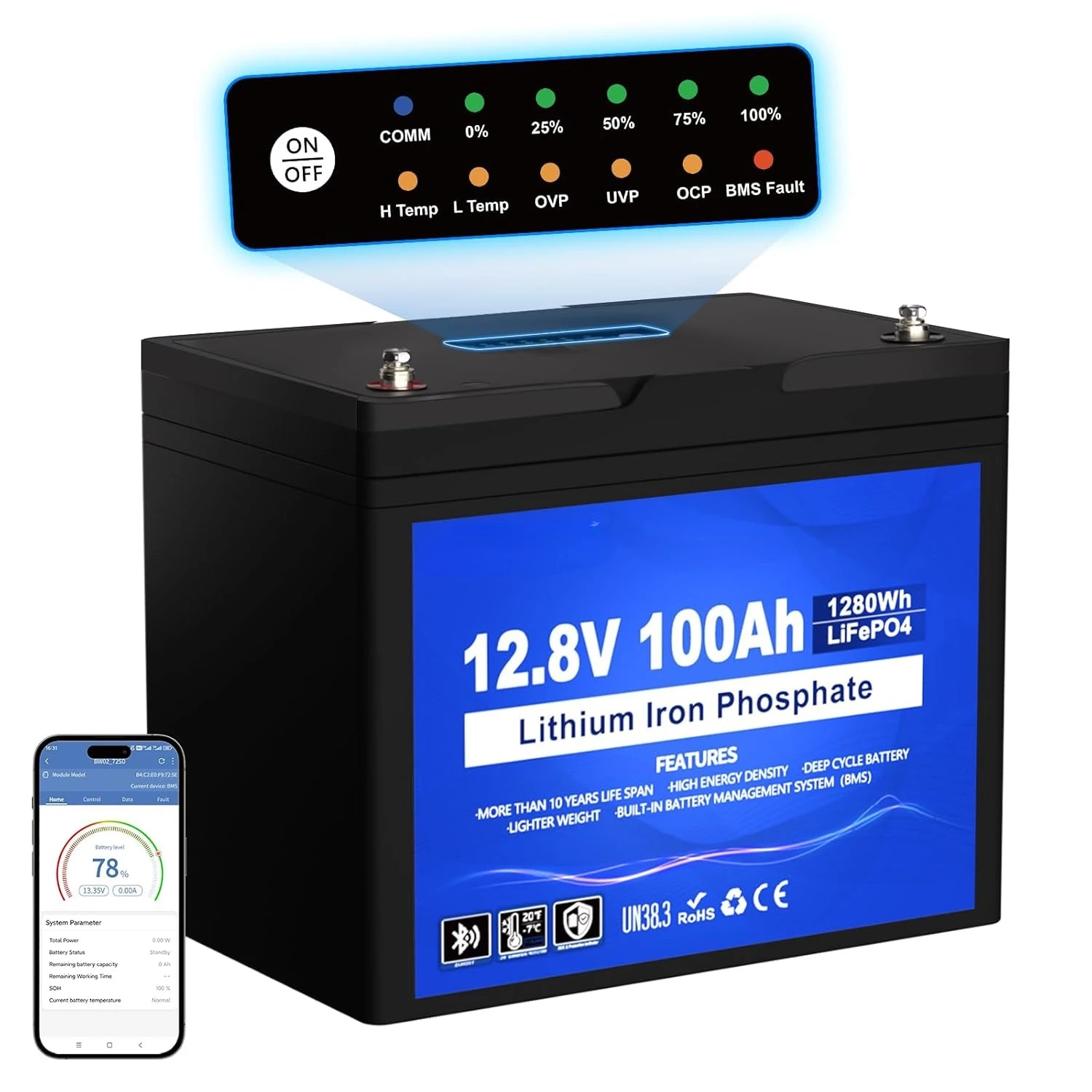 

Аккумулятор LiFePO4 12В 100Ач для троллинговых моторов с индикаторами состояния заряда (SOC), Bluetooth и функцией отключения при низких температурах, интеллектуальная BMS 100А, настраиваемый