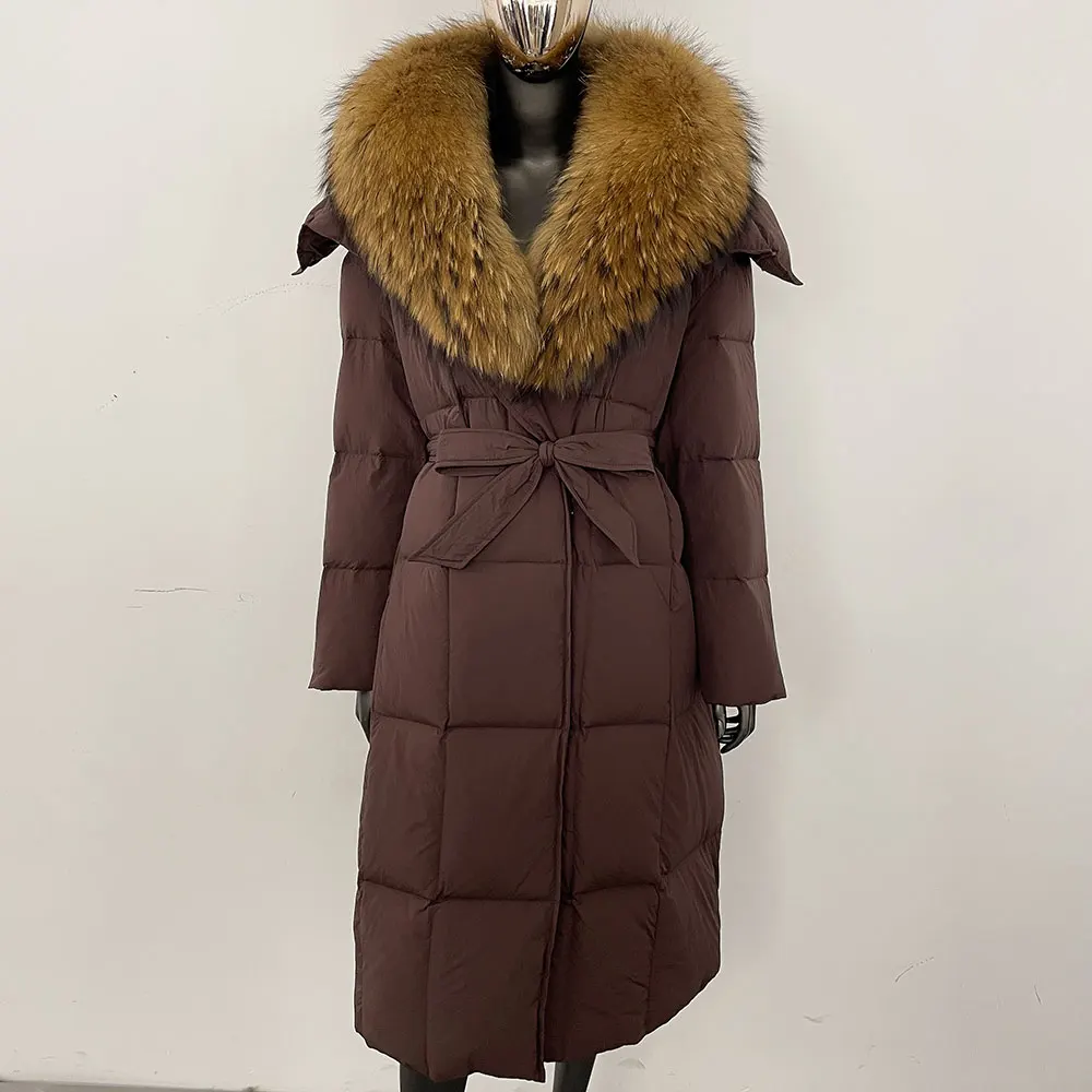 エレガントな暖かいパファージャケット冬の女性のフード付きベルトシングルブレストリアルフォックスファーカラージャケット厚いルーズホワイトダックダウンコート